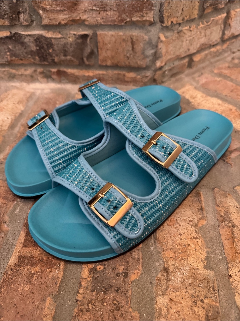 PIERRE DUMAS SONIA Women's Turquoise Double Buckle Slide - Size 11